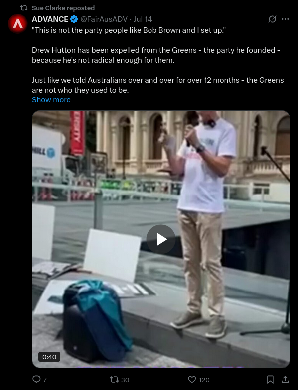 ADVANCE Australia on Twitter: "This is not the party people like Bob Brown and I set up." Drew Hutton has been expelled from the Greens - the party he founded - because he's not radical enough for them. Just like we told Australians over and over for over 12 months - the Greens are not who they used to be.